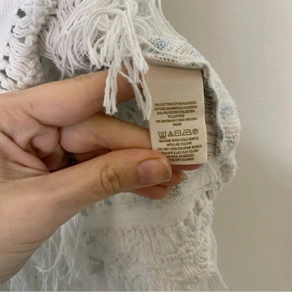 Free people geometric blue yellow white fringe macrame long sleeve top sz Large - Picture 7 of 10